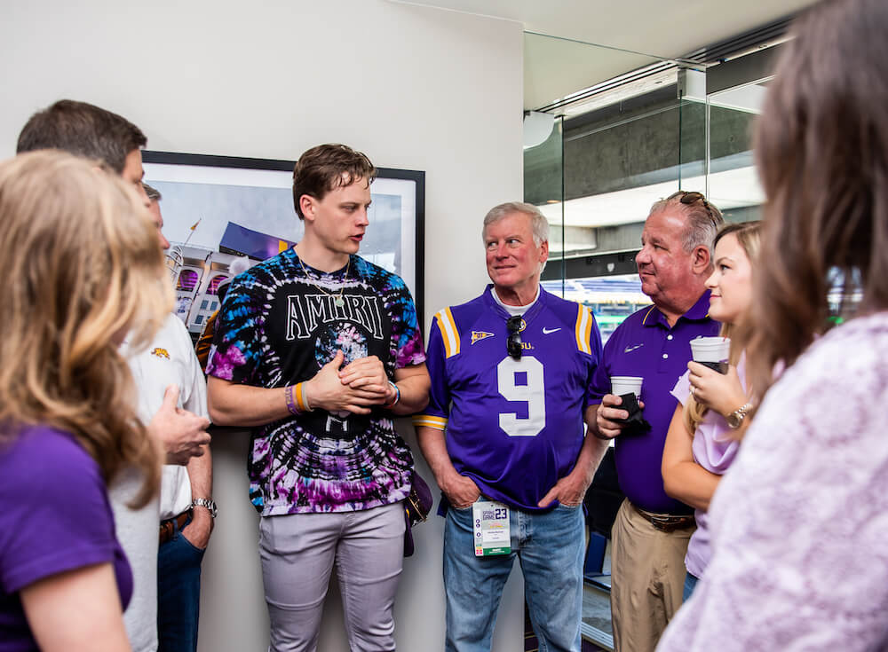 Joe Burrow discussing his Foundation with attendees of a fundraising event at LSU's 2023 Spring game.