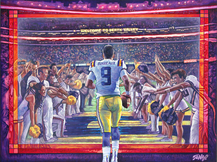 Painting of Joe Burrow enter LSU's football stadium with "Burreaux" on his jersey.