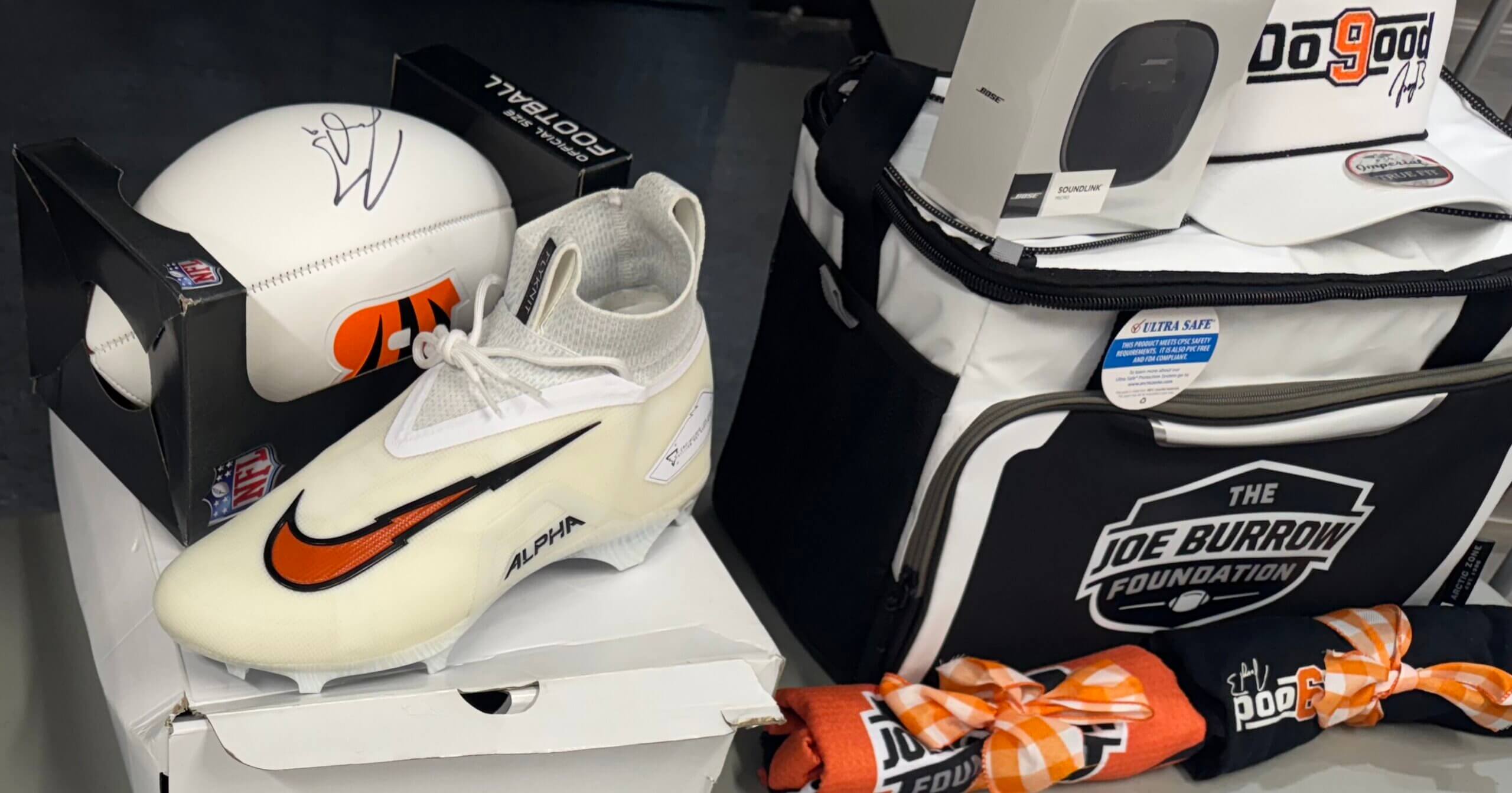 Joe Burrow and the Joe Burrow Foundation donated custom cleats worn by Joe Burrow, an autographed football and curated JBF Gift Basket to Hoops for Hope.